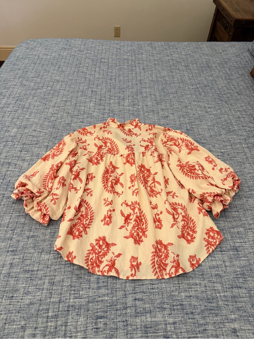 Women's Cream Blouse with Coral Floral Print - Lightweight Button-Up - Picture 3 of 3